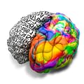 Brain with a brightly coloured right hemisphere and a left hemisphere covered in numbers