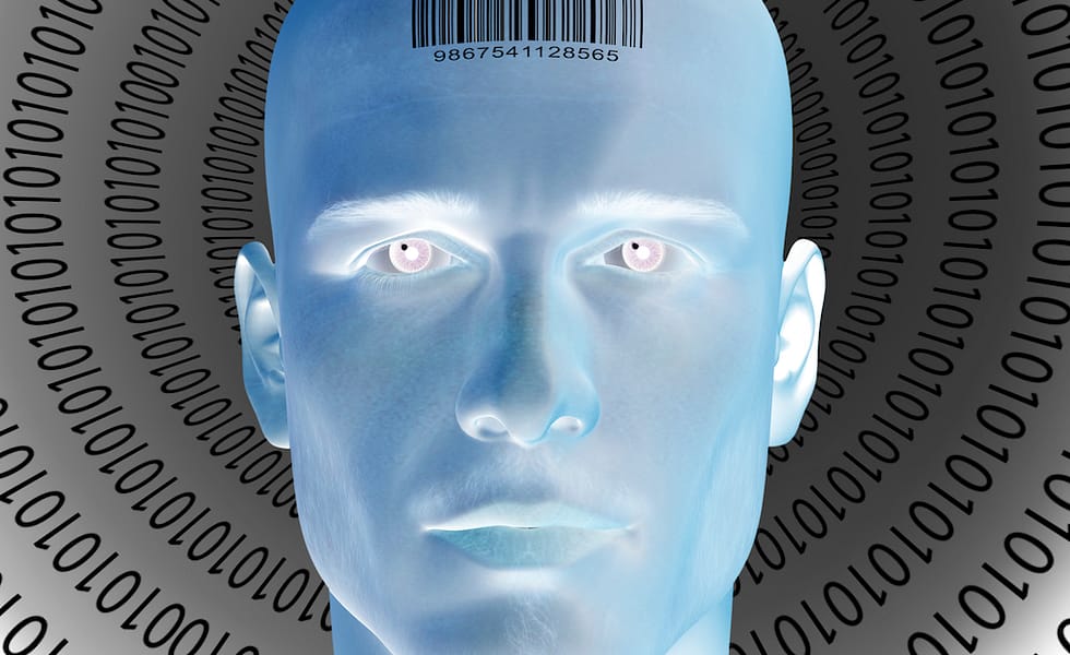 Blue man with barcode on forehead