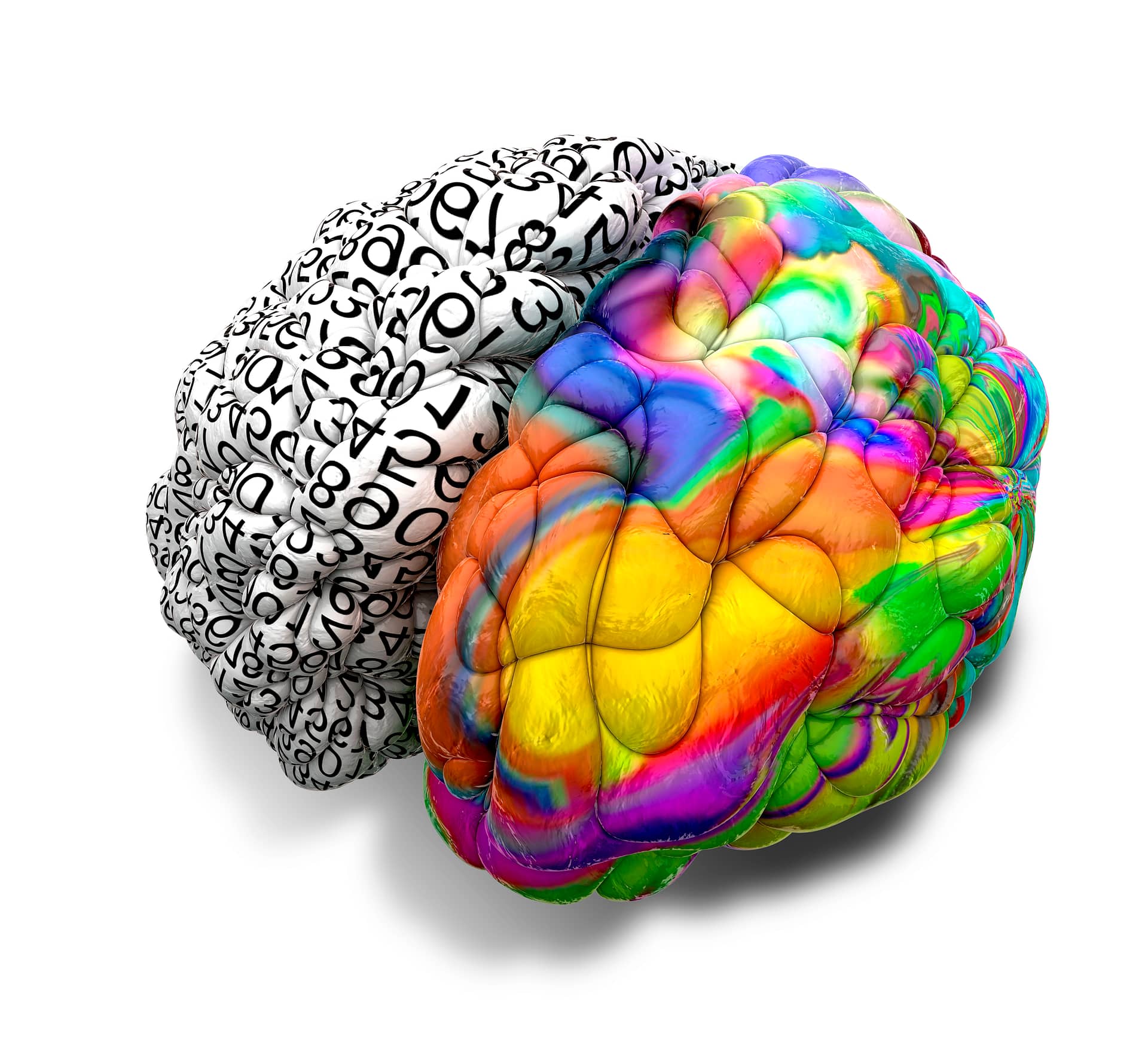 Brain with a brightly coloured right hemisphere and a left hemisphere covered in numbers