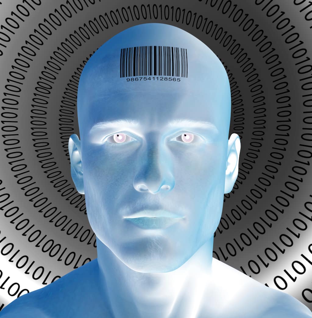 Blue man with barcode on forehead